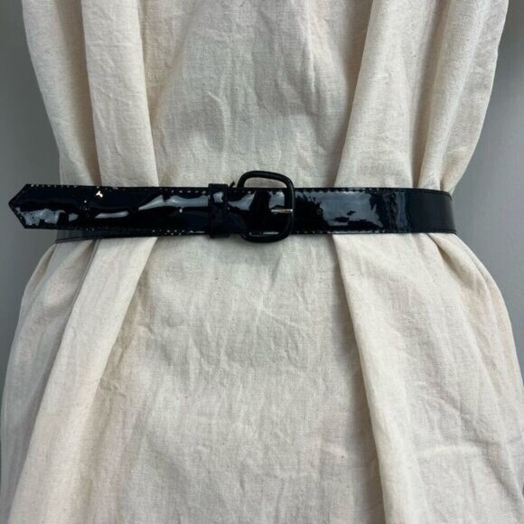 Vintage Faux Patent Leather Black Shiny Slim Waist Belt 80s Retro Whimsigoth - Picture 13 of 15